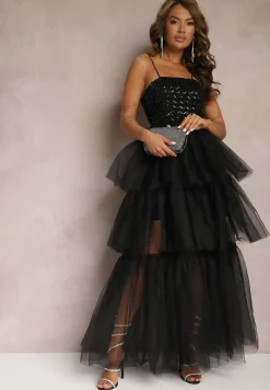 Czarna Wieczorowa Sukienka Maxi Ozdobiona Cekinami i Falbankami z Tiulu Neptina