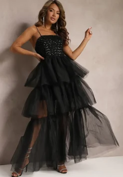 Czarna Wieczorowa Sukienka Maxi Ozdobiona Cekinami i Falbankami z Tiulu Neptina