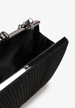 Czarna Wieczorowa Torebka Ozdobiona Brokatem i Łańcuszkiem Kromea