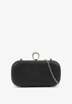 Czarna Wieczorowa Torebka z Biżuteryjnym Uchwytem i Odpinanym Łańcuszkiem Millira
