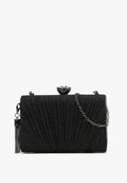 Czarna Wieczorowa Torebka Brokatowa z Odpinanym Łańcuszkiem Curtose
