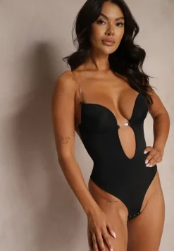 Czarne Asymetryczne Body Bieliźniane na Transparentnych Ramiączkach Ciaelle