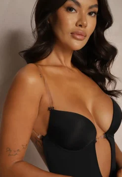 Czarne Asymetryczne Body Bieliźniane na Transparentnych Ramiączkach Ciaelle