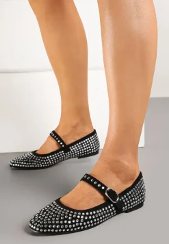 Czarne Balerinki na Płaskiej Podeszwie Mary Jane z Cyrkoniami Jomelia