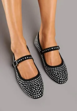 Czarne Balerinki na Płaskiej Podeszwie Mary Jane z Cyrkoniami Jomelia