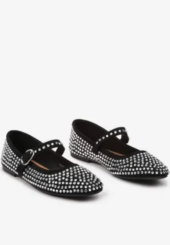 Czarne Balerinki na Płaskiej Podeszwie Mary Jane z Cyrkoniami Jomelia