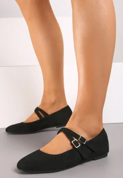 Czarne Balerinki o Kwadratowym Nosku z Paskami i Eleganckimi Klamerkami Nailan