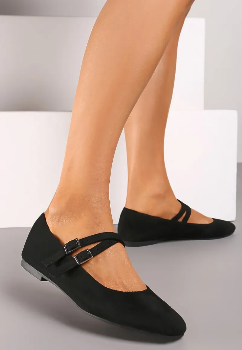 Czarne Balerinki o Kwadratowym Nosku z Paskami i Eleganckimi Klamerkami Nailan