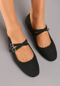Czarne Balerinki o Kwadratowym Nosku z Paskami i Eleganckimi Klamerkami Nailan