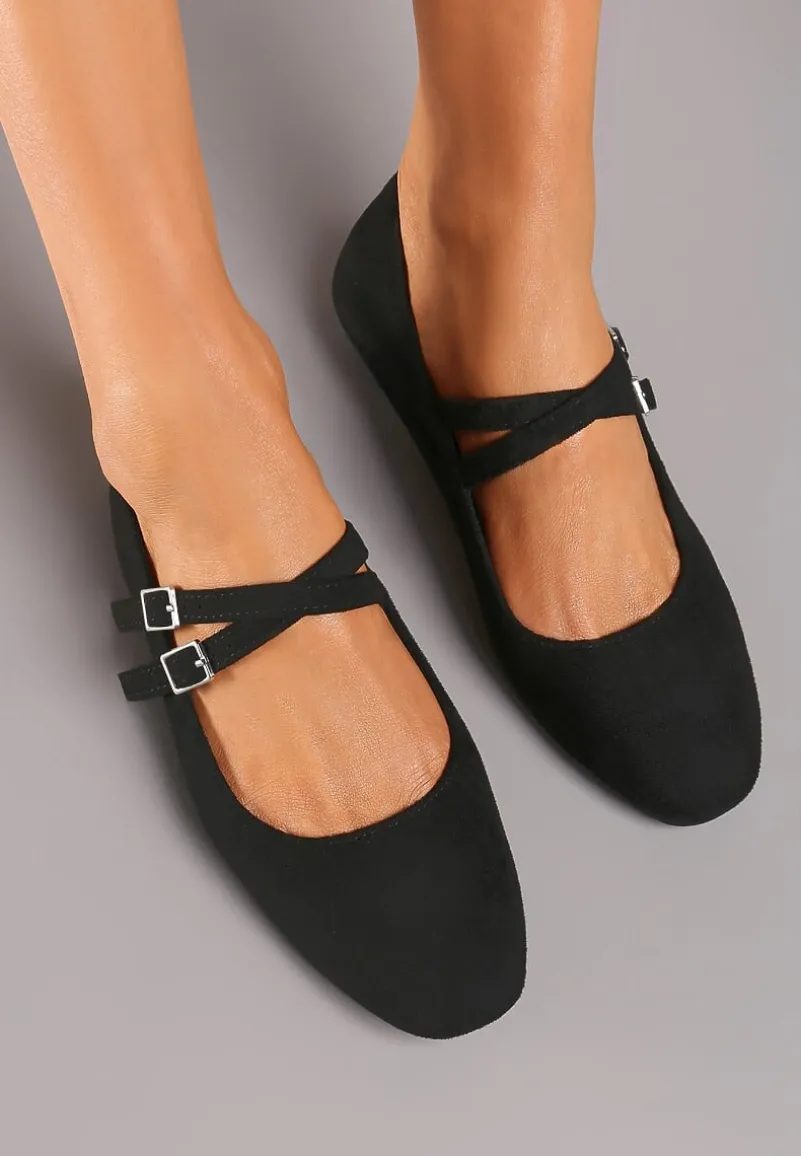 Czarne Balerinki o Kwadratowym Nosku z Paskami i Eleganckimi Klamerkami Nailan