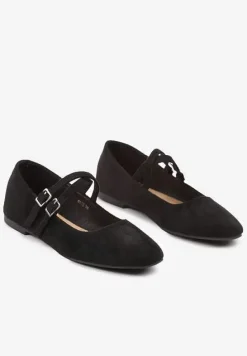 Czarne Balerinki o Kwadratowym Nosku z Paskami i Eleganckimi Klamerkami Nailan