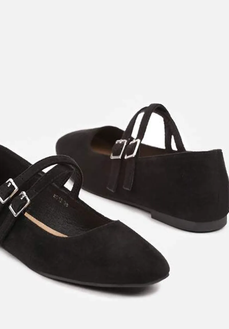 Czarne Balerinki o Kwadratowym Nosku z Paskami i Eleganckimi Klamerkami Nailan