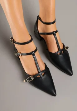 Czarne Balerinki ze Szpiczastym Noskiem i Ozdobnymi Paskami Deoraven