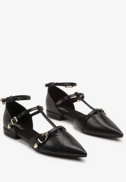 Czarne Balerinki ze Szpiczastym Noskiem i Ozdobnymi Paskami Deoraven