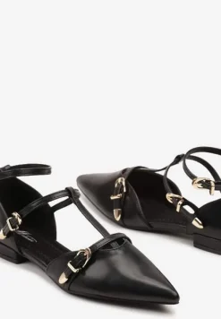 Czarne Balerinki ze Szpiczastym Noskiem i Ozdobnymi Paskami Deoraven