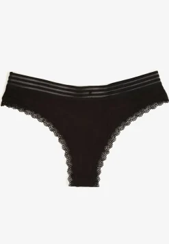 Czarne Bawełniane Majtki o Kroju Stringów Ozdobione Koronką i Gumką w Paski Torllana