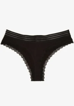 Czarne Bawełniane Majtki o Kroju Stringów Ozdobione Koronką i Gumką w Paski Torllana