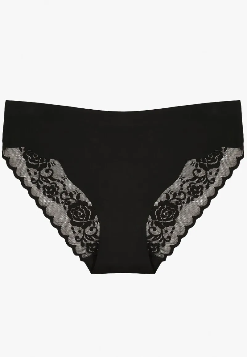 Czarne Bezszwowe Majtki o Kroju Fig z Koronką Zeiarae