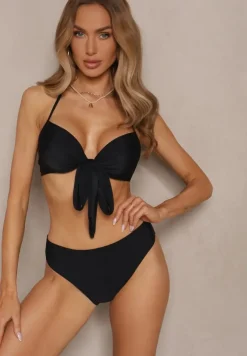 Czarne Bikini Majtki Figi Biustonosz z Wiązaniem i Kwiatowe Pareo Folanira