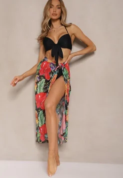 Czarne Bikini Majtki Figi Biustonosz z Wiązaniem i Kwiatowe Pareo Folanira