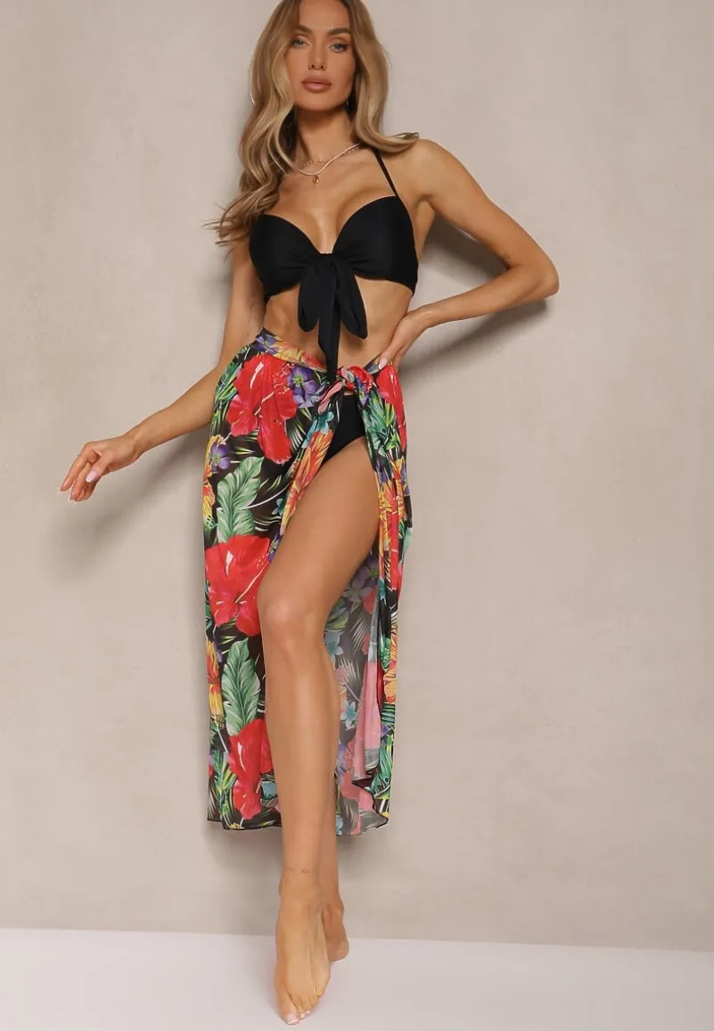 Czarne Bikini Majtki Figi Biustonosz z Wiązaniem i Kwiatowe Pareo Folanira