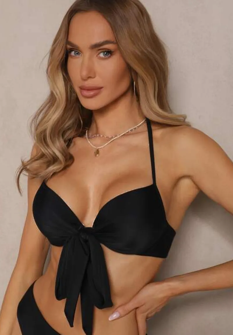 Czarne Bikini Majtki Figi Biustonosz z Wiązaniem i Kwiatowe Pareo Folanira