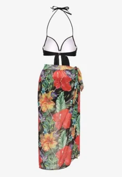 Czarne Bikini Majtki Figi Biustonosz z Wiązaniem i Kwiatowe Pareo Folanira