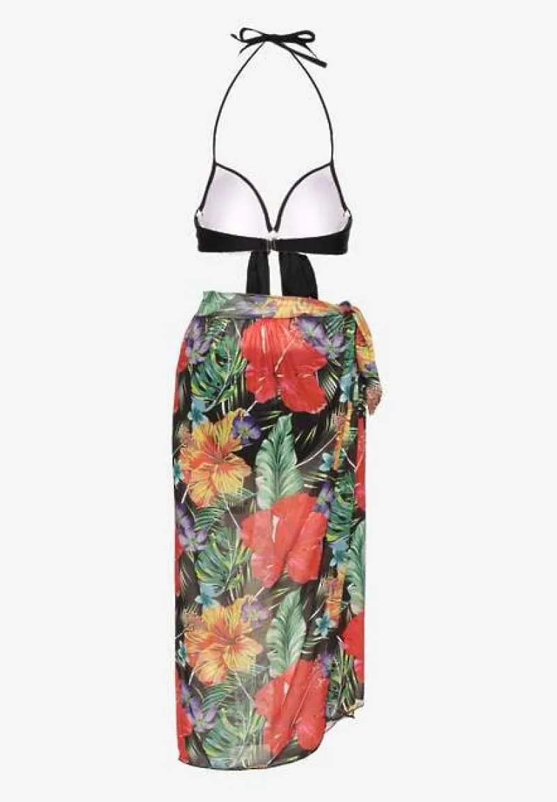 Czarne Bikini Majtki Figi Biustonosz z Wiązaniem i Kwiatowe Pareo Folanira