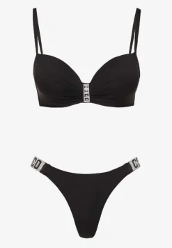 Czarne Bikini Biustonosz i Majtki Figi z Aplikacją z Cyrkoniami Nateria