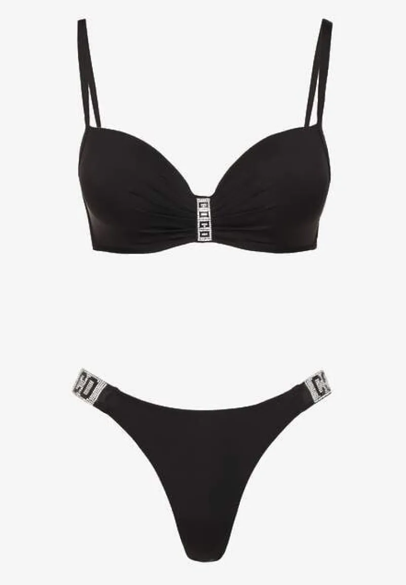 Czarne Bikini Biustonosz i Majtki Figi z Aplikacją z Cyrkoniami Nateria