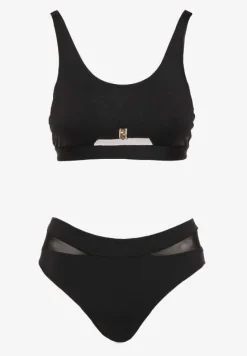 Czarne Bikini Biustonosz i Majtki Typu Figi Zdobione Siateczką Natelina