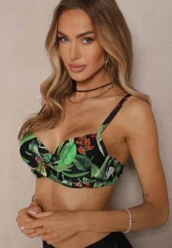 Czarne Bikini Biustonosz w Liście i Majtki Figi z Siateczkowymi Wstawkami Kinalea