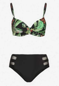 Czarne Bikini Biustonosz w Liście i Majtki Figi z Siateczkowymi Wstawkami Kinalea