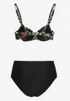 Czarne Bikini Biustonosz w Liście i Majtki Figi z Siateczkowymi Wstawkami Kinalea