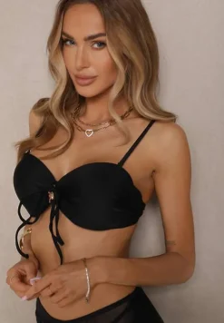 Czarne Bikini Biustonosz i Majtki Figi High Waist z Siateczkowymi Zdobieniami Kinovia