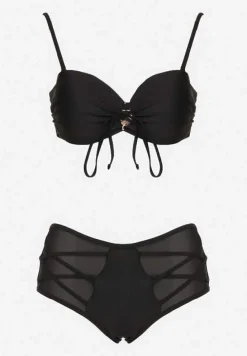 Czarne Bikini Biustonosz i Majtki Figi High Waist z Siateczkowymi Zdobieniami Kinovia