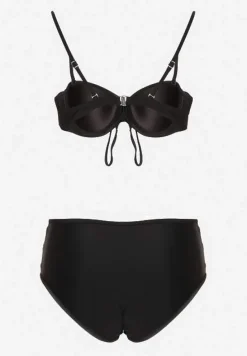 Czarne Bikini Biustonosz i Majtki Figi High Waist z Siateczkowymi Zdobieniami Kinovia