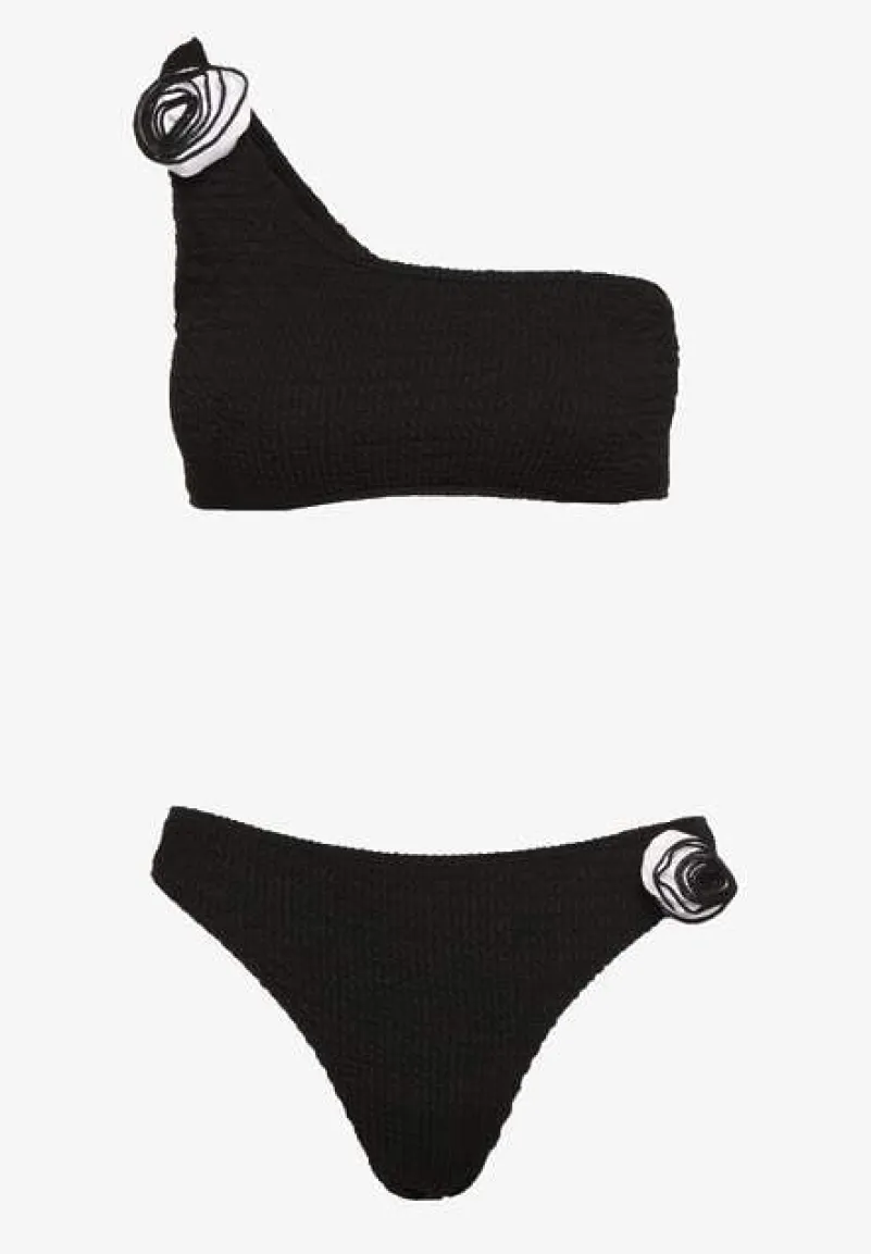 Czarne Bikini 2-Częściowe Asymetryczny Stanik i Majtki z Aplikacjami Kwiatu Namsilea