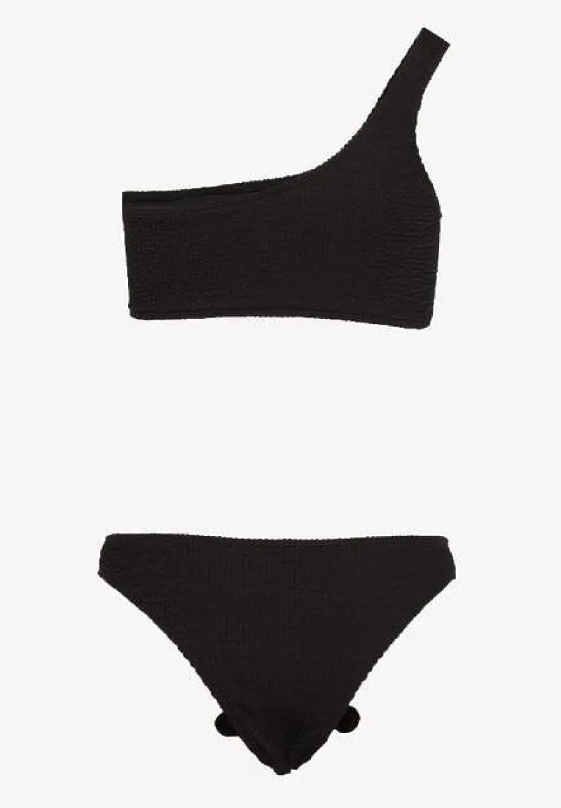 Czarne Bikini 2-Częściowe Asymetryczny Stanik i Majtki z Aplikacjami Kwiatu Namsilea