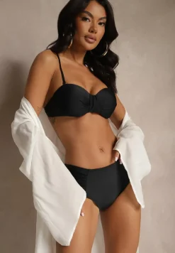 Czarne Bikini Figi i Usztywniany Biustonosz z Marszczeniem Vintelle