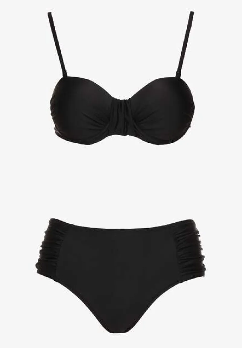 Czarne Bikini Figi i Usztywniany Biustonosz z Marszczeniem Vintelle