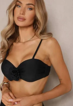 Czarne Bikini Majtki Figi Biustonosz Ozdobione Kwiatem 3D Tenionea