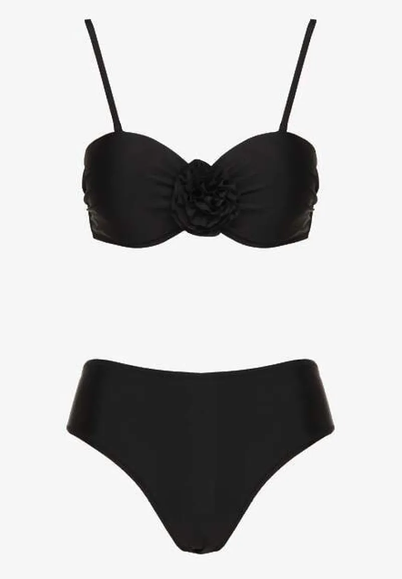 Czarne Bikini Majtki Figi Biustonosz Ozdobione Kwiatem 3D Tenionea