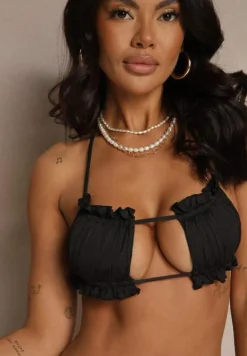 Czarne Bikini Majtki Figi Biustonosz z Wiązaniem Ozdobiony Marszczeniem Folinira