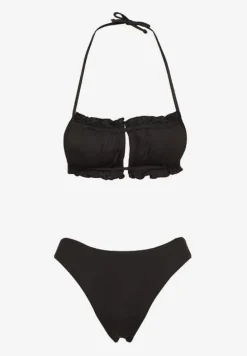 Czarne Bikini Majtki Figi Biustonosz z Wiązaniem Ozdobiony Marszczeniem Folinira