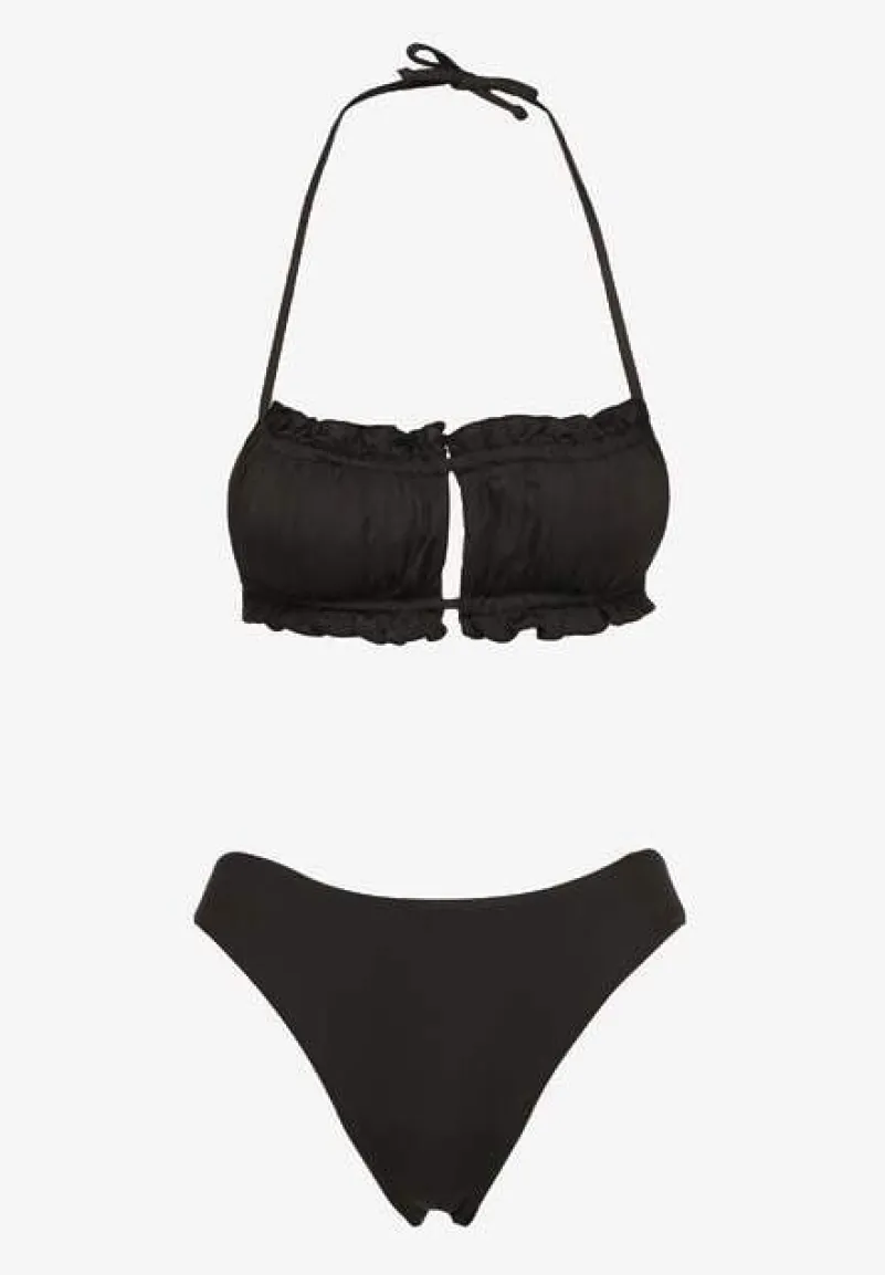 Czarne Bikini Majtki Figi Biustonosz z Wiązaniem Ozdobiony Marszczeniem Folinira