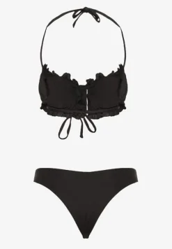 Czarne Bikini Majtki Figi Biustonosz z Wiązaniem Ozdobiony Marszczeniem Folinira