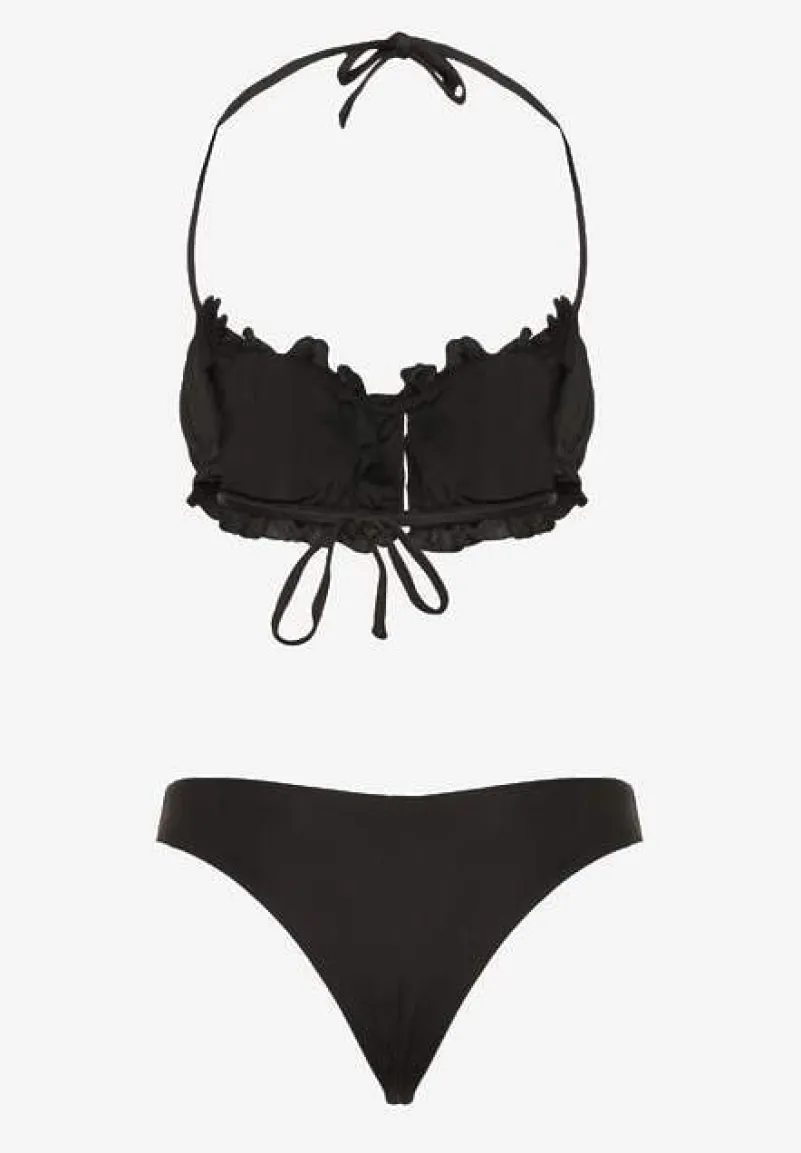 Czarne Bikini Majtki Figi Biustonosz z Wiązaniem Ozdobiony Marszczeniem Folinira