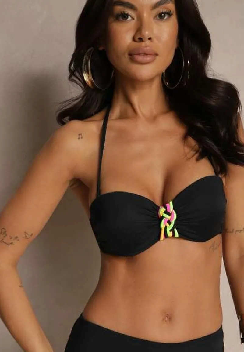 Czarne Bikini Majtki Figi i Biustonosz z Ozdobną Wstawką Natamara