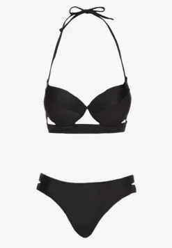 Czarne Bikini Majtki Figi z Wycięciami i Biustonosz z Ozdobnymi Paskami Kinalana
